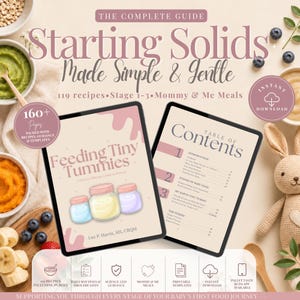 May include: A digital guide titled Starting Solids Made Simple & Gentle, featuring 119 recipes for stages 1-3. The cover displays Feeding Tiny Tummies by Luz P. Harris, MS, CRQM, alongside a table of contents page, surrounded by baby food bowls.