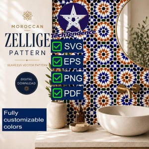 May include: Digital download of a Moroccan Zellige pattern. The image shows a geometric design in blue, orange, and white. The text includes "SVG, EPS, PNG, PDF" file formats and "Fully customizable colours."