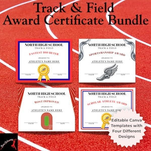 May include: A bundle of four track and field award certificate templates. Each certificate features a red, white, and blue border with text such as "Fastest 100 Meter" and "Scholar Athlete Award". The certificates include space for the athlete's name, coach, and date.