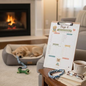 Può includere: Una cartellina con un foglio stampato per la cura quotidiana e la routine di un cane, intitolato Page 4. Il documento include sezioni per l'alimentazione, la salute e le note, decorato con un'illustrazione di un golden retriever e zampette.