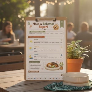 May include: A Mood & Behavior Report clipboard featuring a dog illustration, sections for morning, afternoon, and evening tracking, and checkboxes for pet activities. The document includes a sleeping dog graphic and paw print accents.
