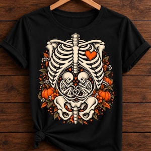 Anuncio de embarazo con esqueleto para mujeres, imagen PNG de embarazo para Halloween, imágenes prediseñadas de bebés gemelos para camisetas de maternidad, patrón de circuito de embarazo con esqueleto
