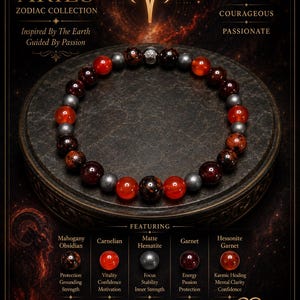 May include: A beaded bracelet featuring alternating round mahogany obsidian, carnelian, matte hematite, garnet, and hessonite garnet beads. The design includes a central silver-toned metal accent bead. The text reads Aries Zodiac Collection.