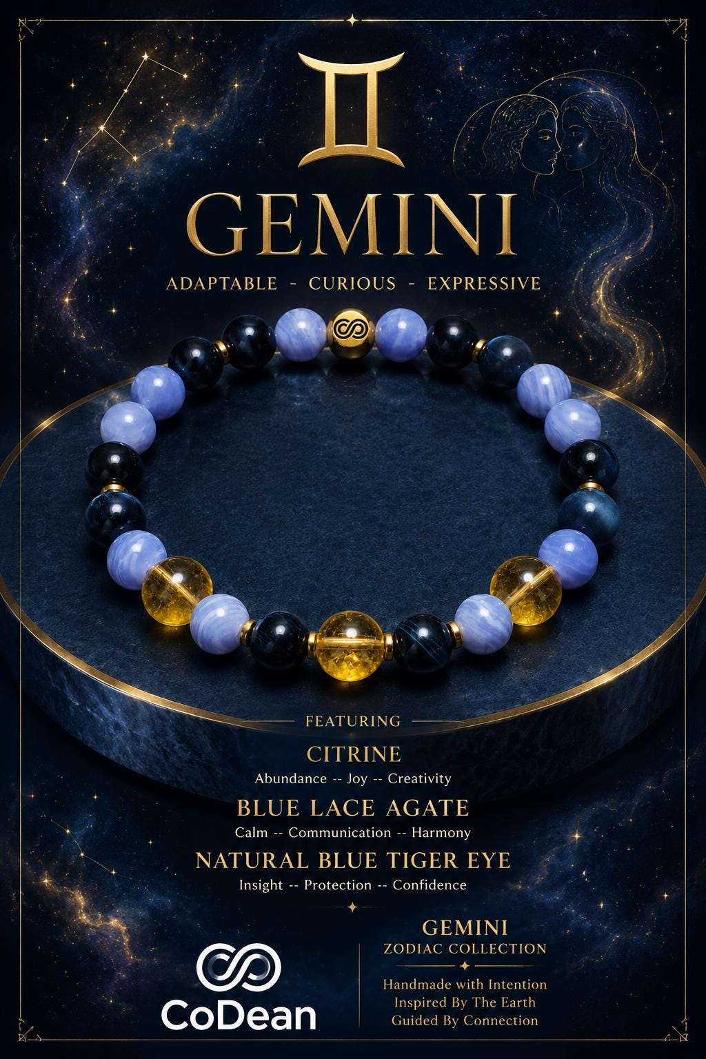 Gemini Zodiac Bracelet - Citrine, Blue Lace Agate and Natural Blue…