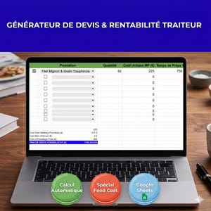 May include: A laptop displaying a spreadsheet with the text "GÉNÉRATEUR DE DEVIS & RENTABILITÉ TRAITEUR". Below the screen are three colorful buttons labeled "Calcul Automatique", "Spécial Food Cost", and "Google Sheets".