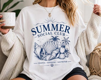 Womens Oversized Beach Shirt, Summer Social Club Tee, Coastal Graphic Top, Ocean Lover Gift, Boho Beach Shirt