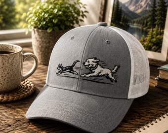 Funny Dog Chasing Cat Trucker Hat, Dog Mom Hat, Cat Lover Cap, Pet Lover Gift, Embroidered Dog Hat, Dog Dad Cap, Funny Animal Hat, Cat Dog