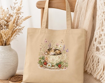 Sleeping Cat Floral Teacup Tote Bag, Cottagecore Cat Lover Accessory