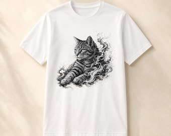 Mystic Smoke Cat Shirt, Stipple Art Tabby Tee, Dark Boho Cat Mom Apparel