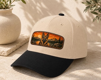 German Shepherd Cap, Mountain Sunset GSD Patch, Outdoor Dog Lover Hat