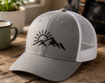 Mountain Trucker Hat, Hiking Cap, Nature Lover Gift, Outdoor Adventure Hat, Camping Hat, Mountain Sun Embroidered Cap, Hiker Gift for Him