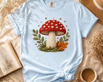 Crochet Mushroom Shirt, Cottagecore Women Tee, Mushroom Lover Gift, Forest Nature Shirt, Boho Comfort Colors Tee