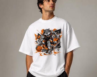 Wolf Basketball Oversized T-Shirt, Aggressive Streetwear Animal Sports Tee