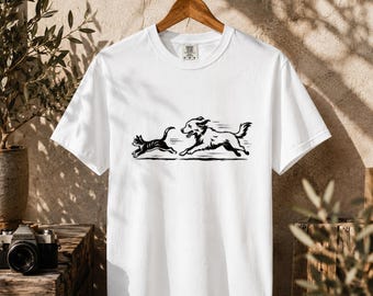 Funny Dog Chasing Cat Shirt, Dog Mom Tee, Cat Mom Gift, Pet Lover Shirt, Funny Animal Tshirt, Dog Dad Shirt, Cute Cat Dog Tee, Gift for Her