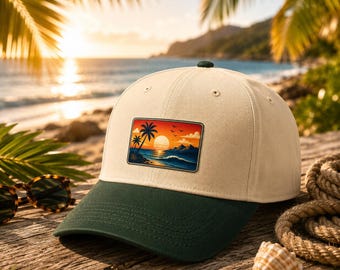 Retro Tropical Sunset 5-Panel Baseball Cap | Beach Summer Vacation Hat