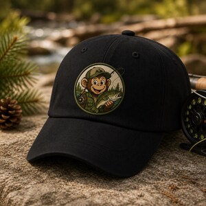 Può includere: Cappellino da baseball nero con una toppa rotonda raffigurante una scimmia dei cartoni animati che pesca. La scimmia indossa un gilet e un cappello da pesca, tenendo in mano una canna e un pesce. La toppa ha toni verdi, marroni e beige. Il cappellino ha una visiera curva.