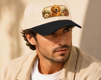 Golden Retriever Floral Cap, Vintage Dog Lover Hat, Outdoorsy Nature Design
