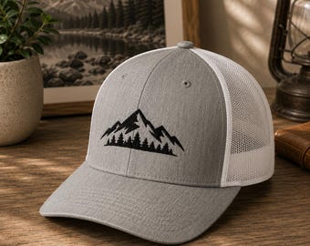 Mountain Forest Trucker Hat, Hiking Cap, Nature Lover Gift, Camping Hat, Outdoor Adventure Hat, Pine Tree Cap, Hiker Gift, Mountain Hat