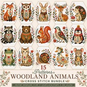 Set di 15 schemi per punto croce di arte popolare con animali, kit completo di disegni per punto croce, download immediato in PDF.