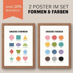 May include: Two framed educational posters featuring shapes and colours. The left poster displays geometric shapes with labels like Kreis, Quadrat, and Dreieck. The right poster shows colour swatches labelled Rosa, Rot, and Orange. Text includes 2 POSTER IM SET.