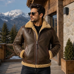 Puede incluir: Una chaqueta de cuero marrón oscuro con cuello, puños y dobladillo de borreguillo grueso en color beige. La prenda cuenta con un cierre de cremallera metálica central, dos bolsillos delanteros y un acabado texturizado en el cuero.