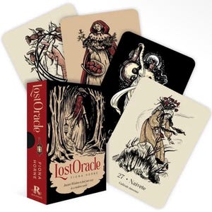 May include: A deck of Lost Oracle cards by Fiona Horne featuring a black box with a red spine and illustrations of figures in a forest. The cards display detailed ink-style drawings of people, plants, and lanterns in cream, black, and red tones.