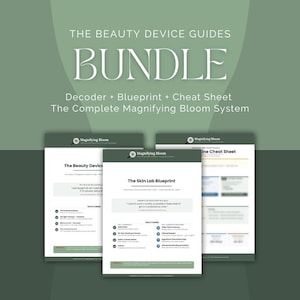 Puede incluir: Un conjunto de guías de dispositivos de belleza con el texto "BUNDLE" en letras blancas grandes. El conjunto incluye un decodificador, un plano y una hoja de trucos para el sistema Magnifying Bloom. El fondo es verde apagado.
