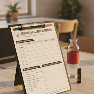Op de afbeelding: Een zwart klembord met een fitnessdoelenplanner met een voortgangsmeting-tracker, prestatiemijlpalen en secties voor overwinningen buiten de weegschaal, op een witte achtergrond met zwarte tekst en rode accenten.