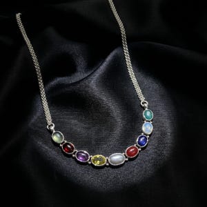 925 Sterling Silver Navratna Necklace, Nine Gemstone Necklace, Natural Stone Bezel Bar Necklace, Handmade Gift for Women, Oxidised Necklace