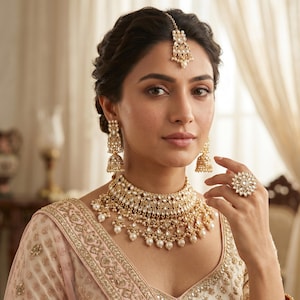 May include: A gold-toned jewelry set featuring a wide choker necklace with white stones and hanging pearls, matching bell-shaped jhumka earrings, a central maang tikka headpiece, and a large floral-shaped statement ring with white stones.