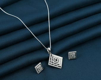 925 Sterling Silver Geometric Jewelry Set, Pave CZ Square Necklace and Earring Set, Art Deco Bridal Jewelry, Box Chain Gift for Her