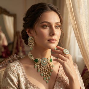 Mint Green Meenakari Choker Set, Kundan Pearl Choker Necklace, Indian Bridal Jewelry, Wedding Jewelry Set for Women, Green Choker Set
