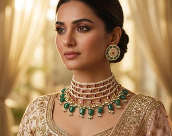Indian Kundan Choker Necklace Set, Green Pearl Bridal Jewelry, Ruby Stone Wedding Necklace, Pakistani Bridal Set, Bollywood Jewelry