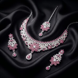 Conjunto de joyas nupciales indias / Collar de plata con cristal / Joyas florales para bodas / Conjunto de pendientes Maang Tikka / Regalo de fiesta para ella