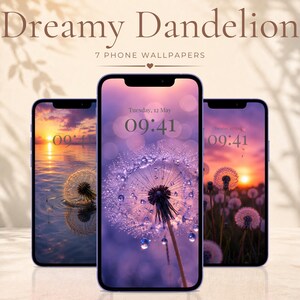 May include: Three smartphones displaying digital phone wallpapers with dandelion themes. The central screen shows a purple dandelion with water droplets. The left screen shows a sunset over water, and the right shows a field of dandelions at sunset.