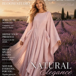 May include: A floor-length, pale pink linen dress with long, wide, flowing sleeves and a fitted bodice that transitions into a voluminous, pleated skirt. The text LINELLE BLOOM STUDIO SUMMER 2026 HAND MADE, BORN TO BE NOTICED, NATURAL ELEGANCE is visible.