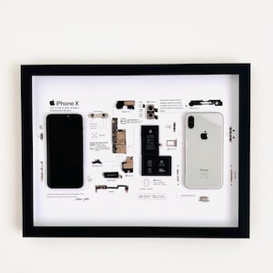 May include: A black framed display featuring a disassembled iPhone X with its internal components laid out and labelled on a white background. The display includes the front screen, back casing, battery, and various internal parts with text.