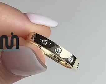 3MM Wide Round Cut Moissanite Flush Set Wedding Band For Women 14K Solid Gold Round Diamond Bezel Set Eternity Matching Band Cigar Band