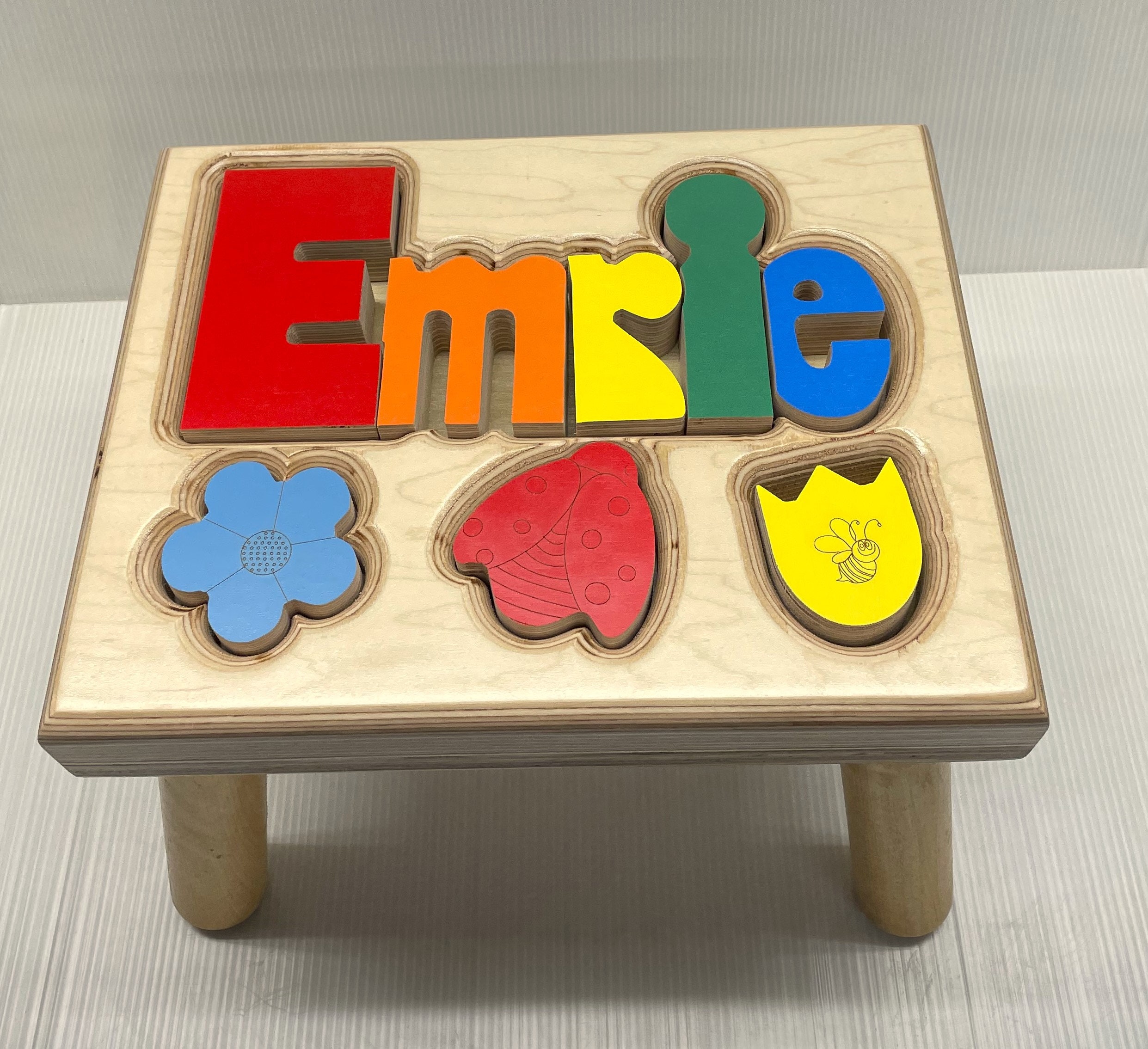 Personalized Maple Name Puzzle Stool With Flower Elements - Colorful ...