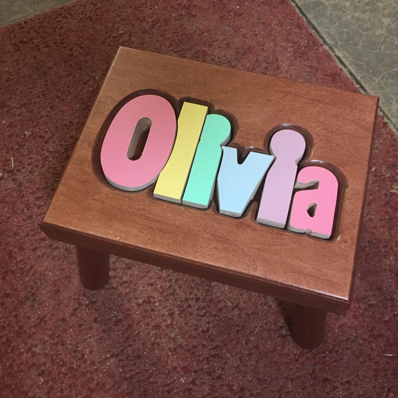 Personalized Name Puzzle Stool Cherry Finish ~ Wooden Step Stool for ...