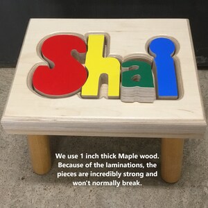 We use 1 inch thick maple wood.  Because of the lamination, the pieces are incredibly strong and won't normally break.