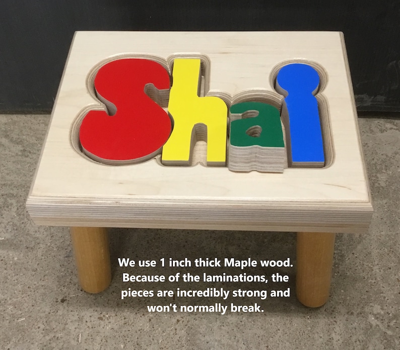 We use 1 inch thick maple wood.  Because of the lamination, the pieces are incredibly strong and won't normally break.