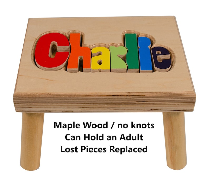 Step stool with four legs that has the name Charlie puzzled into the top where each letter is a puzzle piece.  Letters are painted in bright primary colors in a rainbow pattern starting with red.  Maximum of 8 letters, 1 name.  Made of Maple wood.