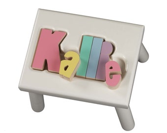 Custom Name Puzzle Stool for Kids with Colorful Letters ~ Personalized Maple Stool for Kids Playroom ~ Montessori Educational Step Stool