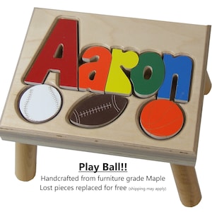 Personalized Name Stool - Puzzle Step Stool with Sports Theme Design for Kids Room