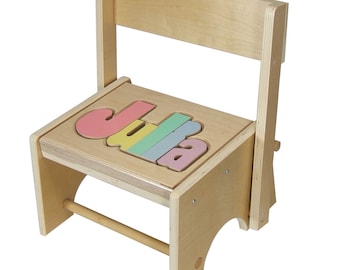 Personalized Flip Back 2 Step Puzzle Stool with Name - Learning Tower - Wooden Learning Toy for Toddlers - Montessori Educational Baby Gift