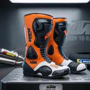 Puede incluir: Par de botas de moto KTM Racing Team naranjas y negras. Las botas tienen detalles blancos en la puntera y la suela, con el logotipo de KTM en un lugar destacado. Las botas están diseñadas para carreras y cuentan con elementos de protección.