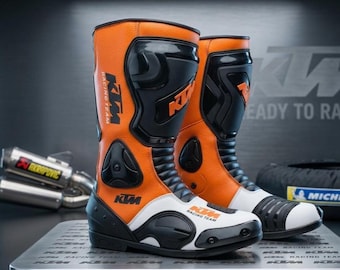 Botas de moto de competición KTM / Botas de motorista de cuero auténtico / Calzado de protección para motociclistas