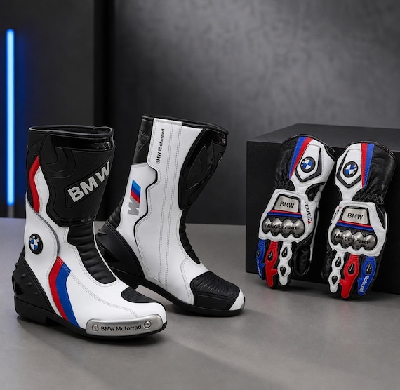 BMW Motorrad Motorcycle Racing Boots & Gloves Set | Genuine Leather Biker Gear | Protective Riding Footwear