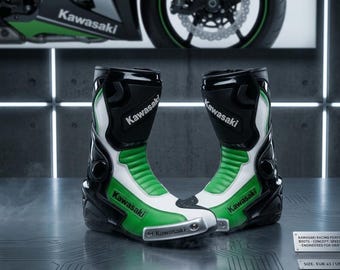 Kawasaki Racing Boots Motorcycle – Genuine Leather MotoGP Biker Footwear | Protective Riding Boots